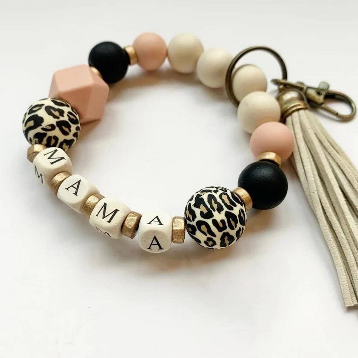 MAMA LETTER LEOPARD BEAD BRACELET WITH TASSELS