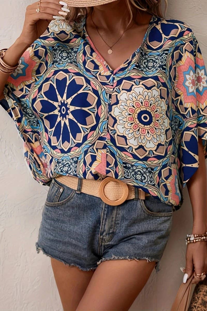 CWTBLS2057_SUMMER LOOSE VINTAGE FLORAL V-NECK SHIRT