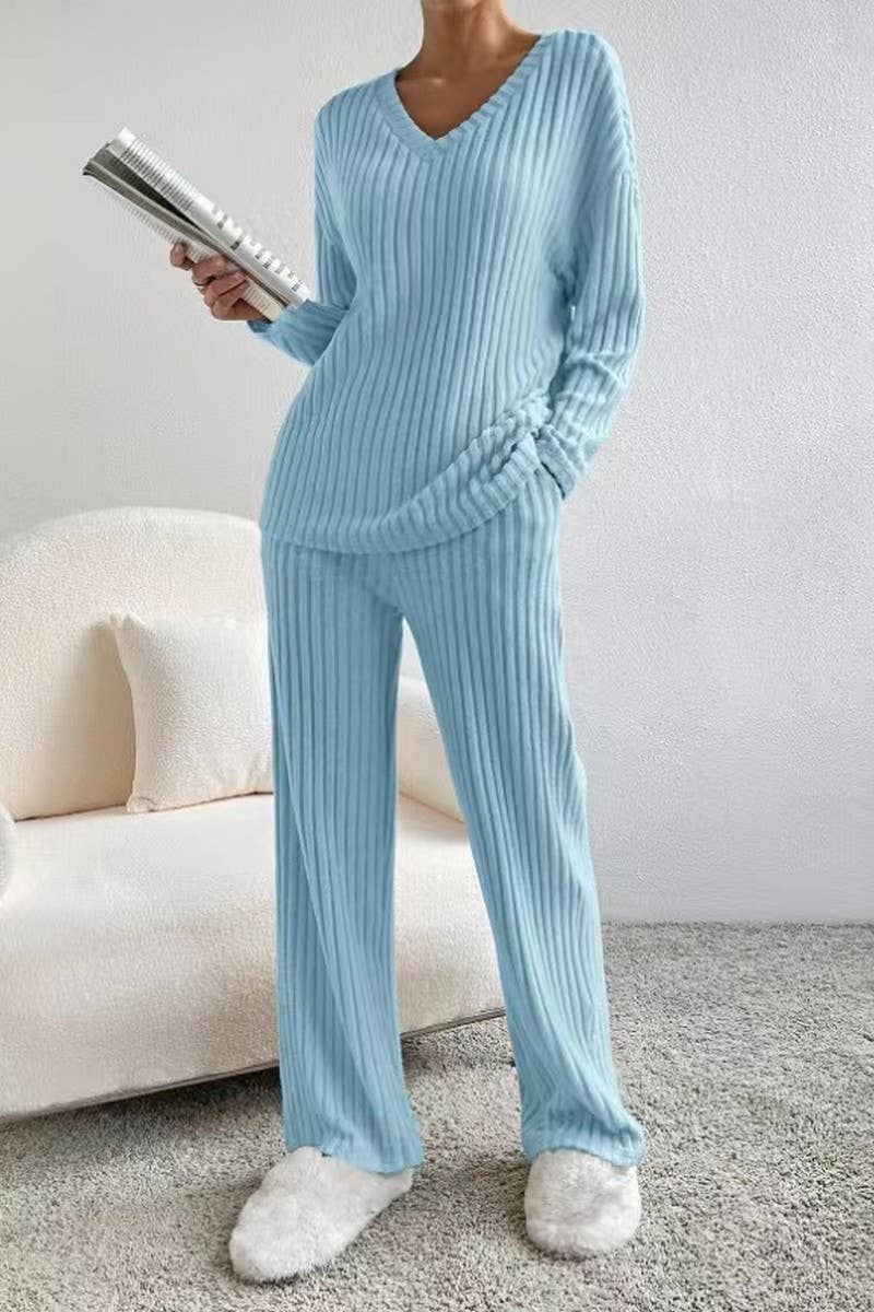 CWSTB1609_V-NECK RIBBED TOP AND PANTS KNITTED SUIT
