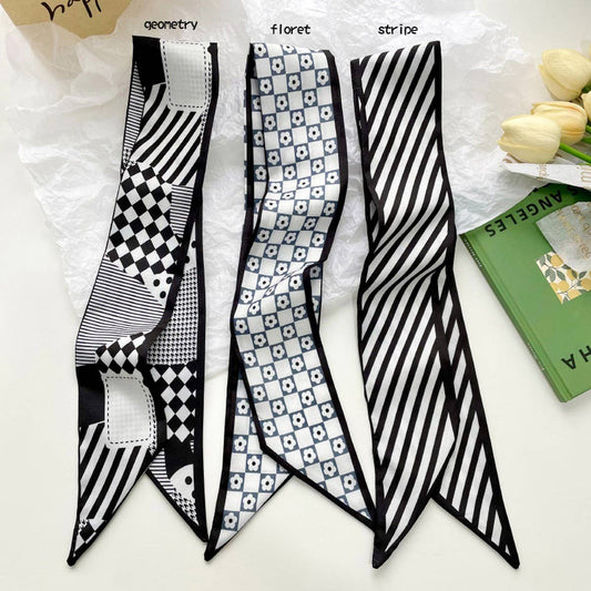 BLACK GEOMETRIC LACE NARROW RIBBON SCARF_CWASC0714