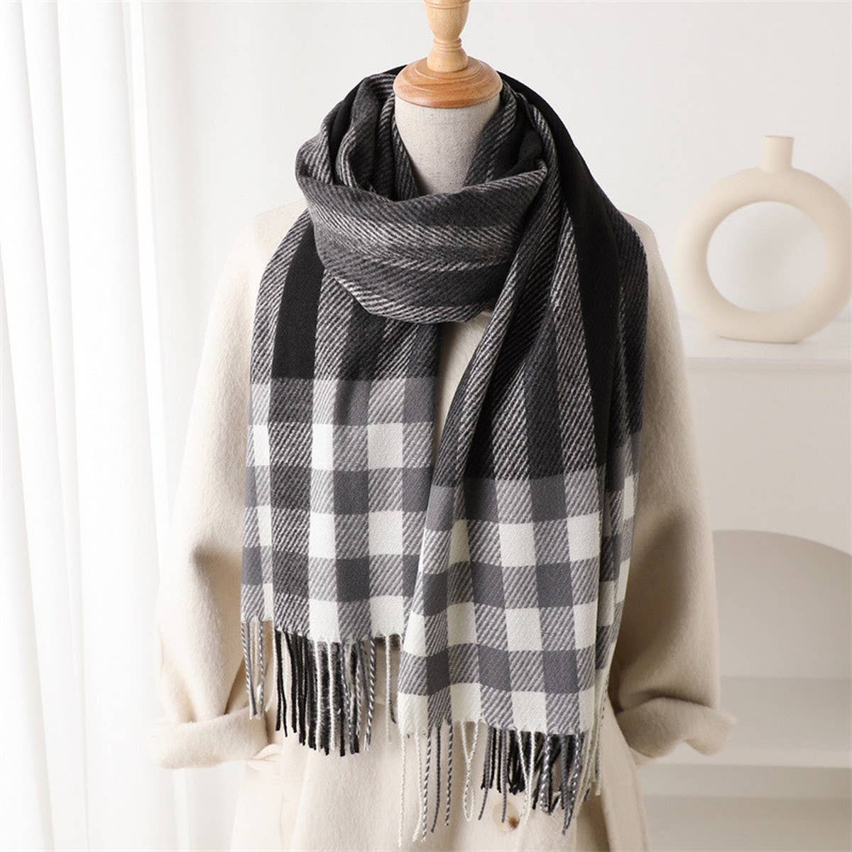 Modern Plaid Fringe Scarf with Luxe Texture