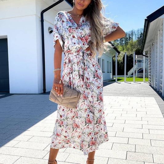 FLORAL FRESH SWEET V-NECK SHORT SLEEVE DRESS