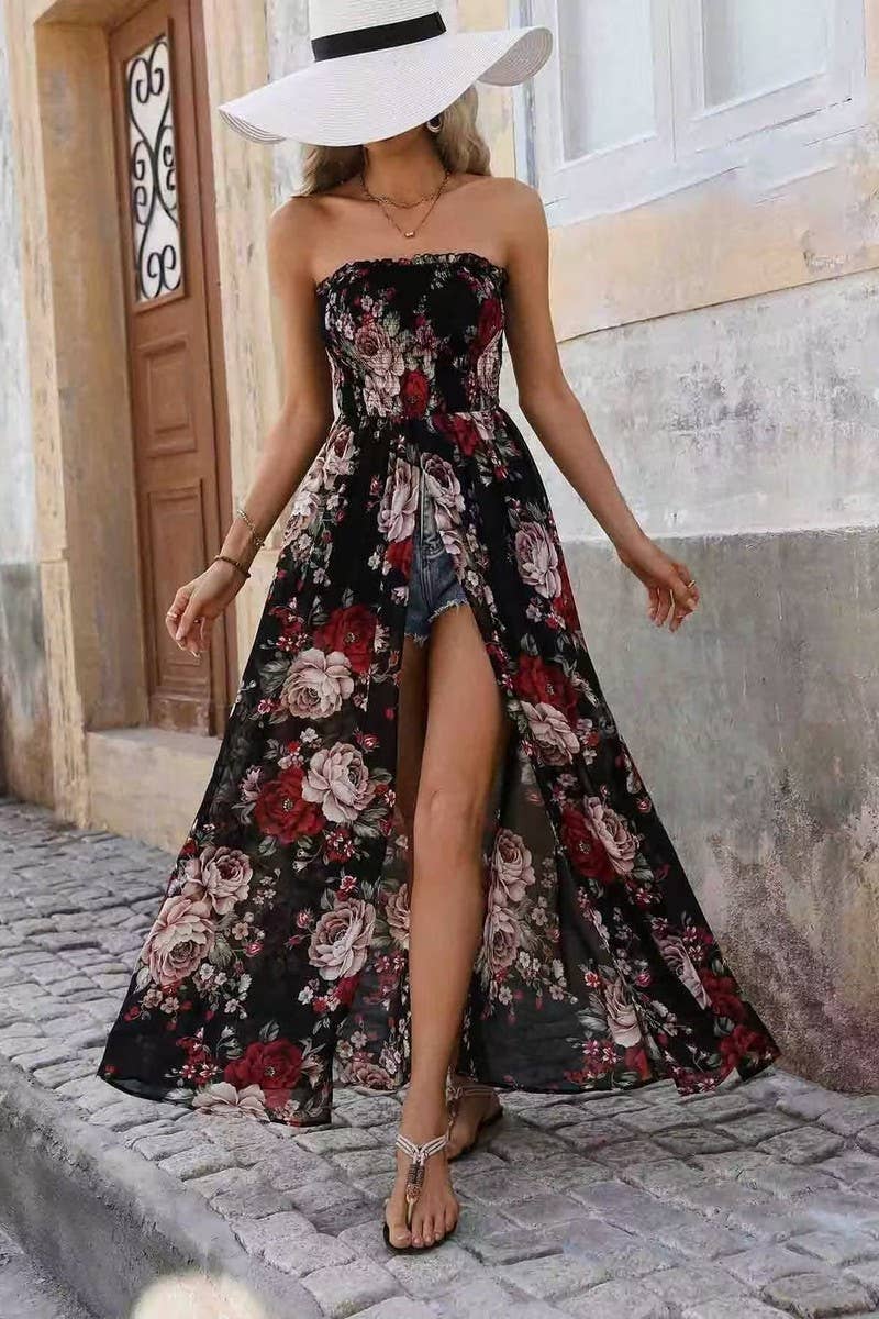 CWDTD0485_FLORAL PRINT STRAPLESS SEXY MAXI DRESS