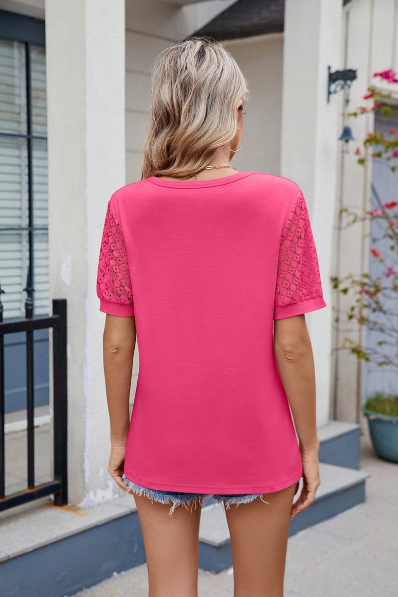 CWTBLS1738_SOLID COLOR V-NECK SHORT-SLEEVED T-SHIRT TOP