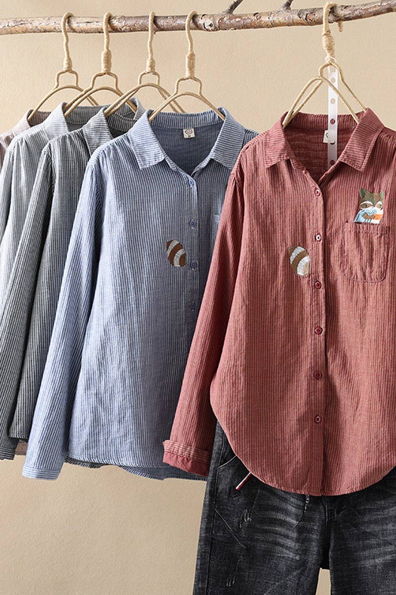 CWTSTL2249_FOX EMBROIDERED STRIPED COTTON SHIRT TOP