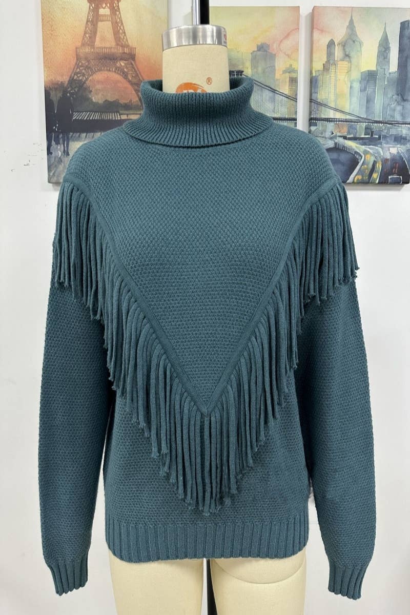 CWOSWL604 Turtle neck Fringe Tassel Pullover Sweater
