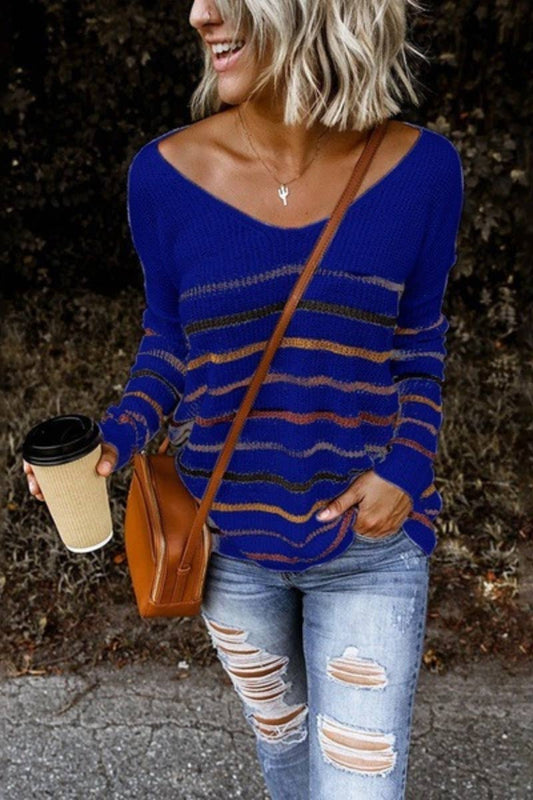 CWOSWL6625_STRIPED SWEATER WITH BIG V-NECK AND LONG SLEEVES
