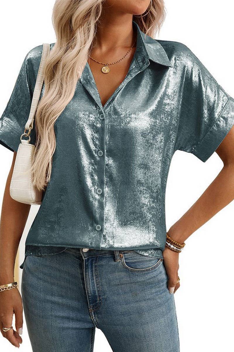 CWTBLS2257_METALLIC COLLARED SHORT SLEEVE RELAXED SHIRT