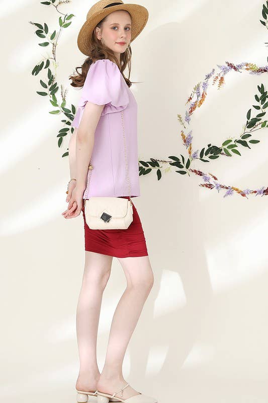 CWTBLS202_V NECK PUFF SHORT SLEEVE BLOUS FORMAL TUNIC TOP