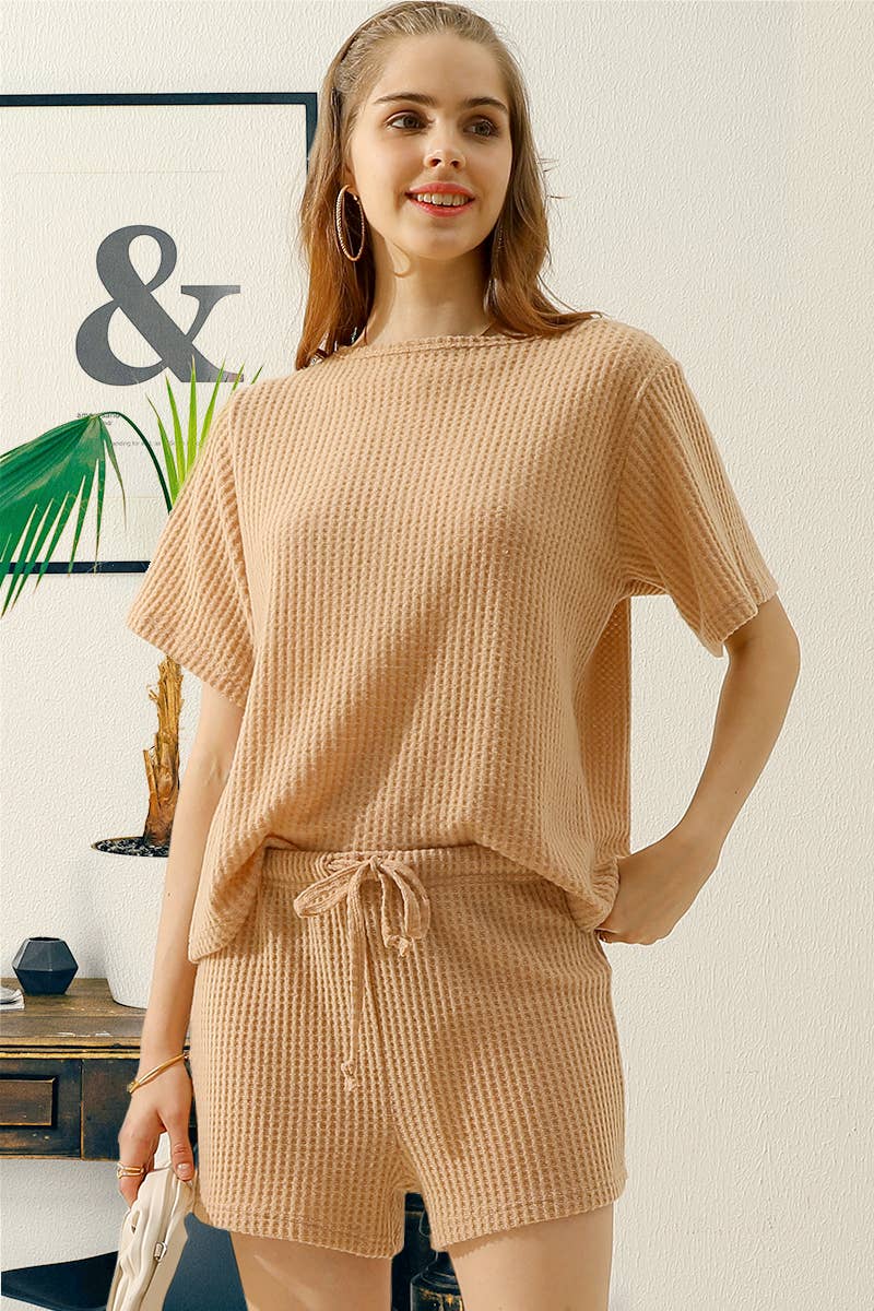 CWSTB274_SOLID WAFFLE KNIT TEE TOP & DRAWSTRING WAIST SHORTS