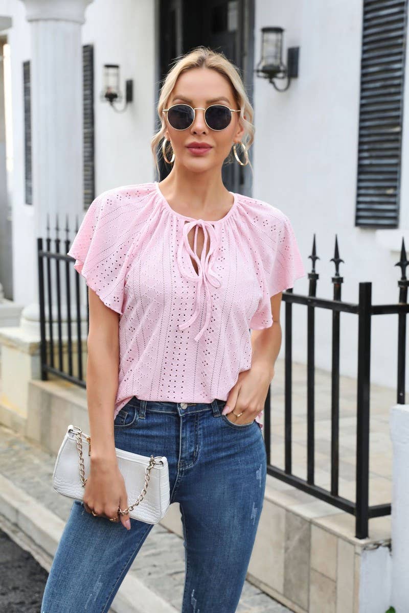 CWTBLS0407_Round Neck Short Sleeve Casual Knit Top