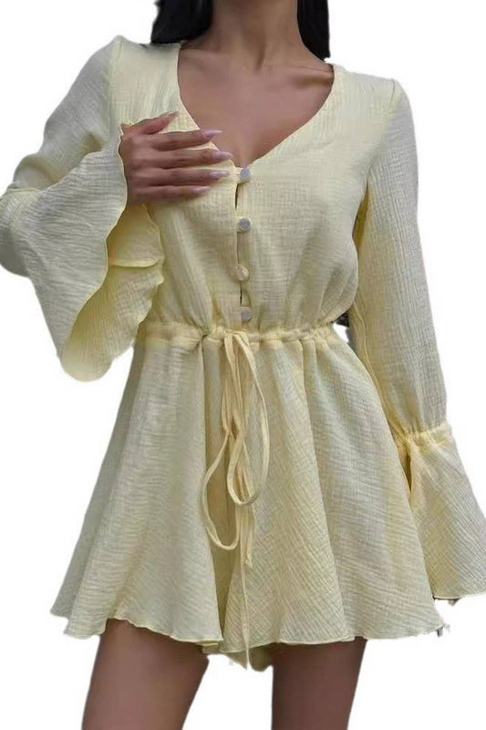 CWSJS1246_DRAWSTRING TRUMPET SLEEVES V-NECK JUMPSUIT