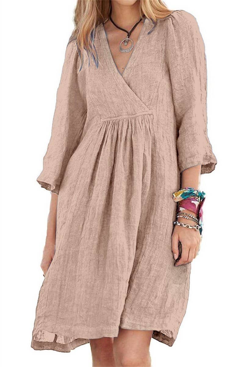 CWDSD10628_V-NECK CROSS-SLEEVE LOOSE CASUAL DRESS