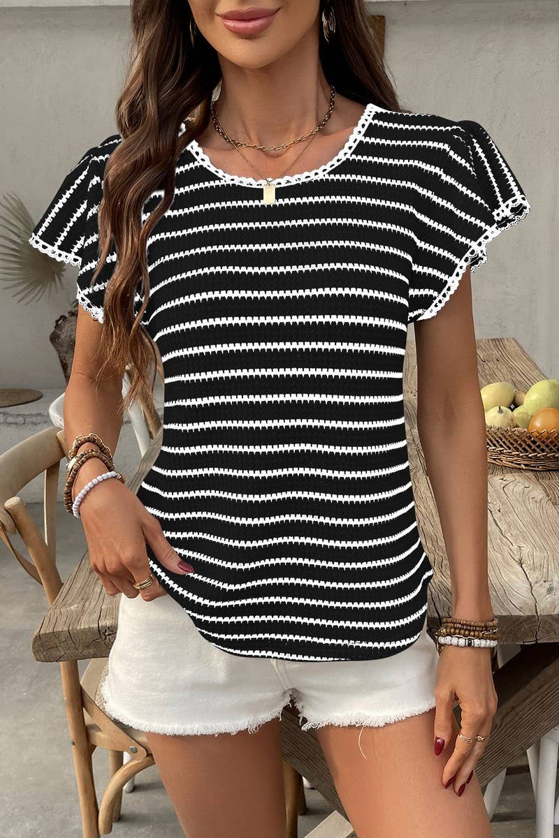 CWTTS1359_SUMMER LACE ROUND NECK STRIPED SHORT SLEEVE TOP
