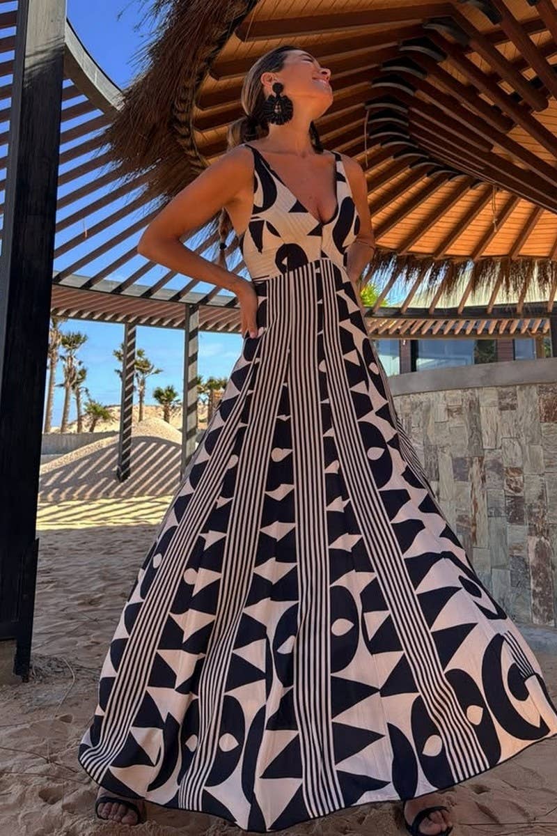 CWDHL1017_SUMMER V-NECK WAIST PRINTED SWING BEACH DRESS