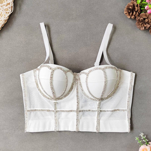 SOLID COLOR RHINESTONE MESH HERRINGBONE CORSET_CWMM4239