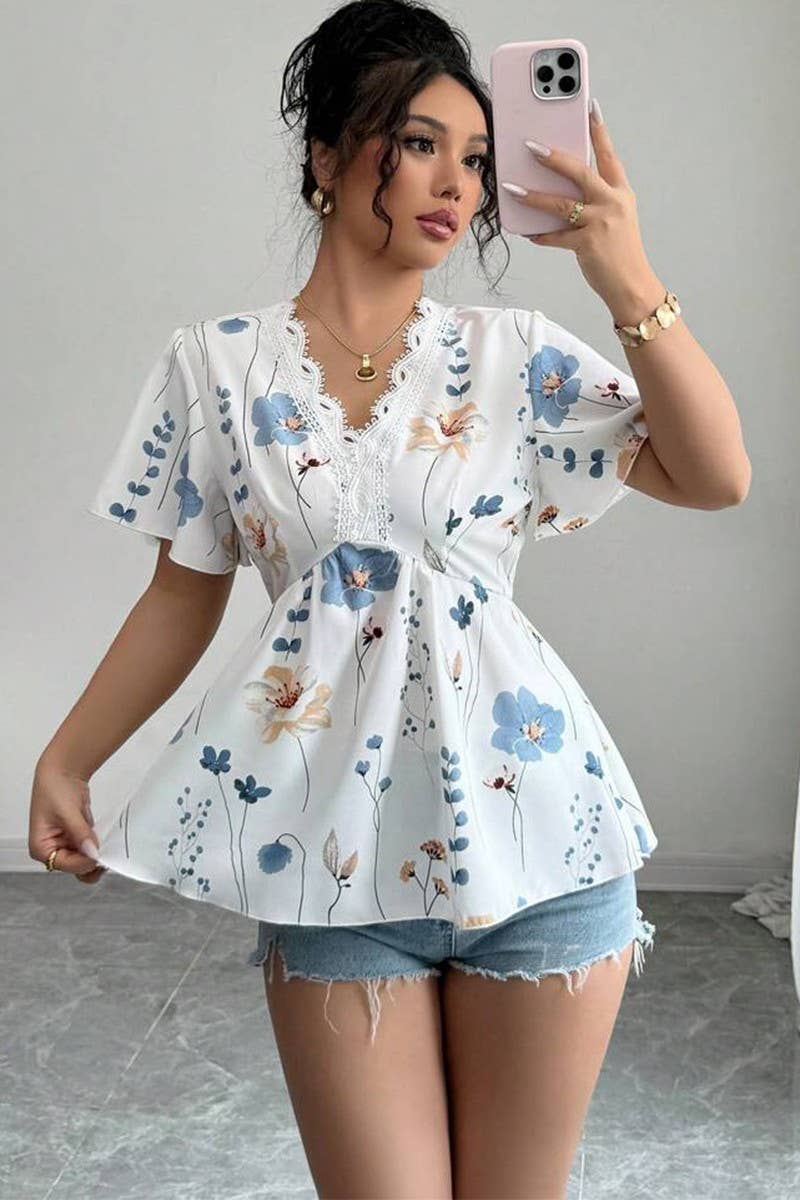 CWTTS1591_SUMMER V-NECK LACE SMALL FLORAL SHIRT