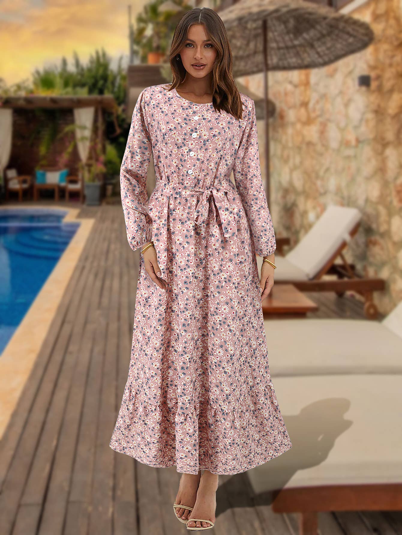 Button-Down Floral Long Beach Dress