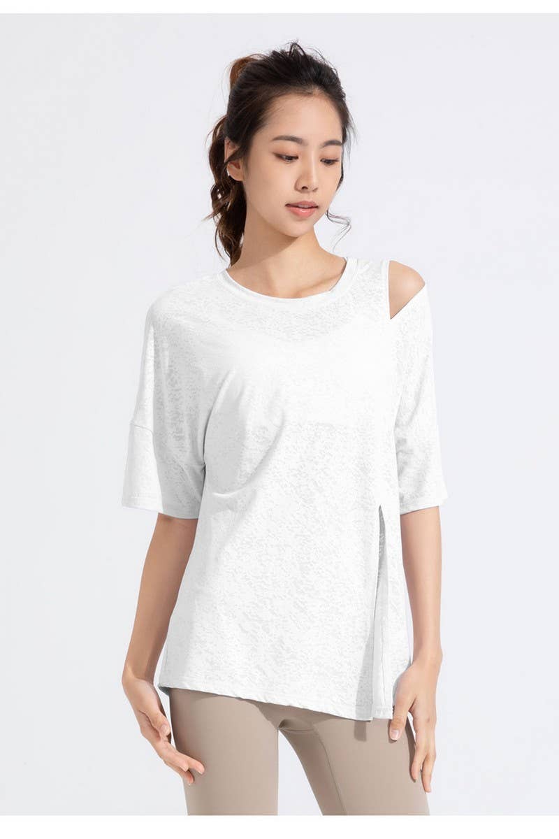 CWTBLS1470_JACQUARD CUTOUT SHORT SLEEVE RUNNING TOP