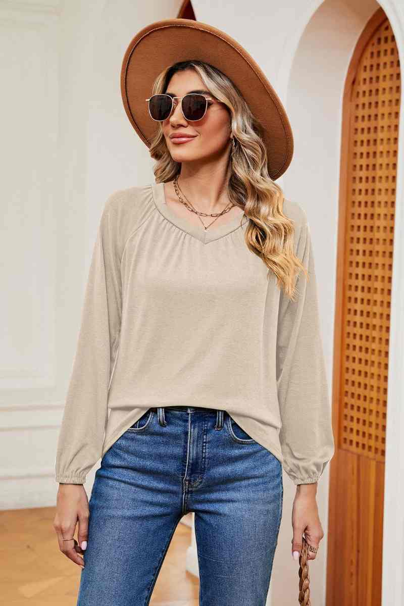 CWTBLL2840_CASUAL SOLID COLOR PLEATED LONG SLEEVE TOP