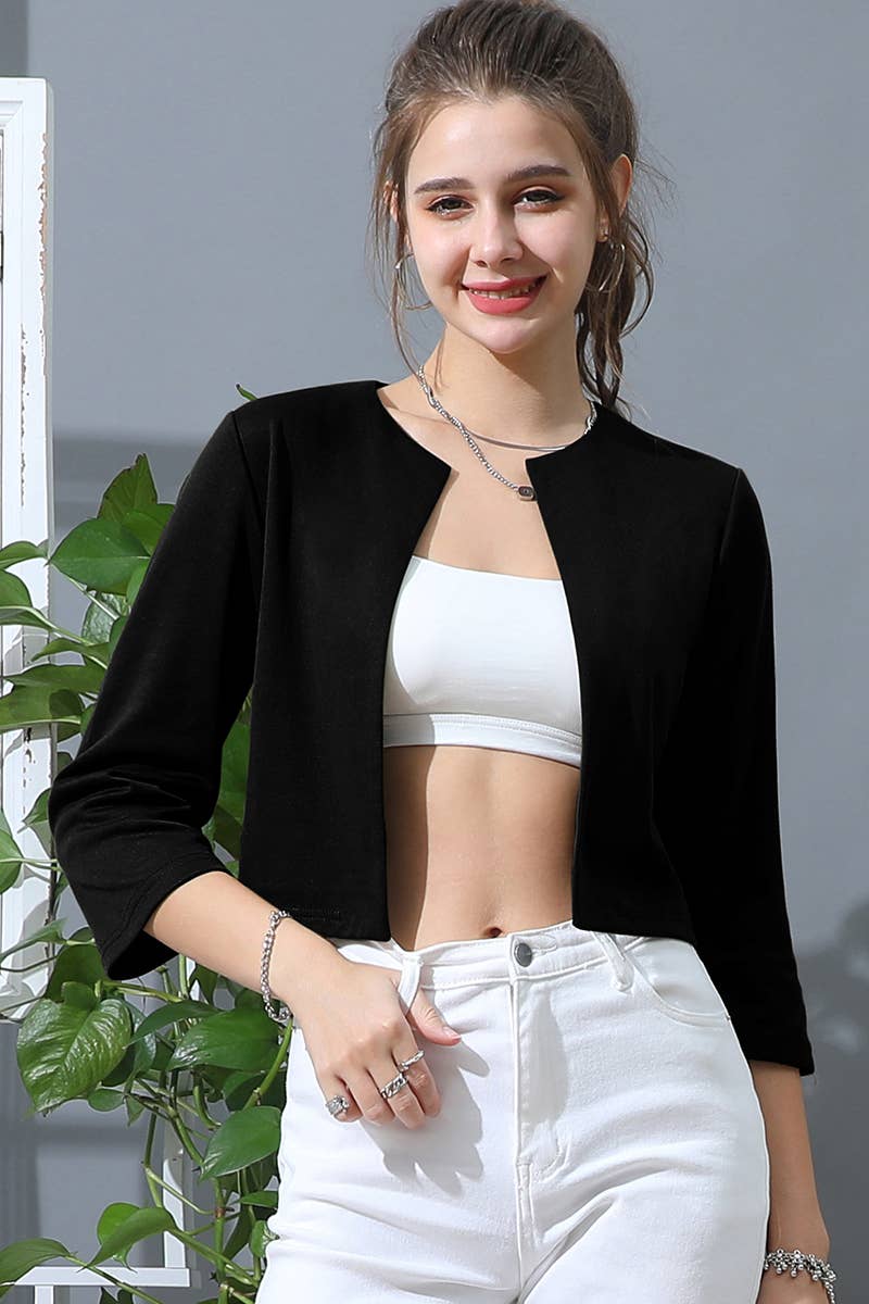 CWOBL105-P_SOLID OPEN FRONT 3/4 SLEEVE JACKET BLAZER