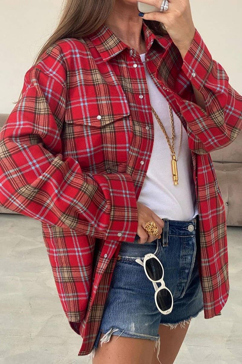 CWTBLL00631_RED PLAID LAPEL COMMUTER LONG-SLEEVED SHIRT