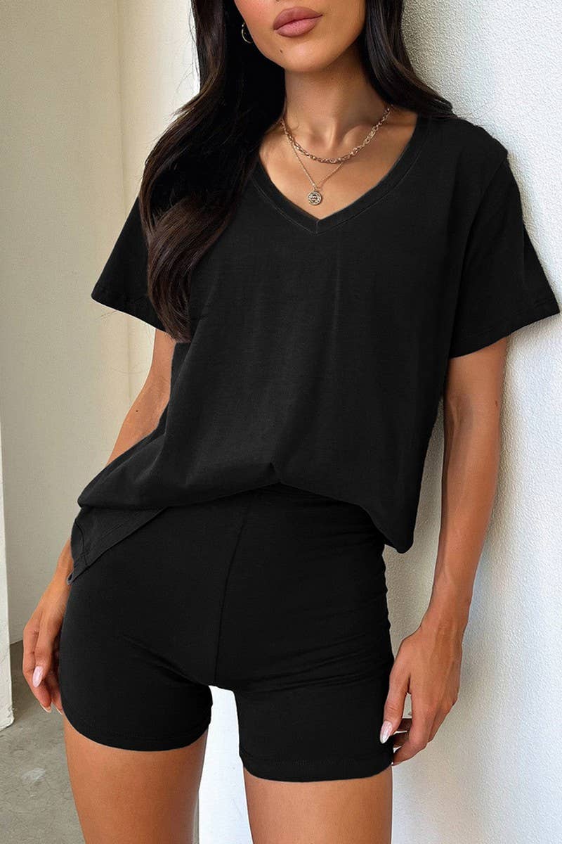 CWSTB2103_V NECK CASUAL ELEGANT SOLID TWO-PIECE SET