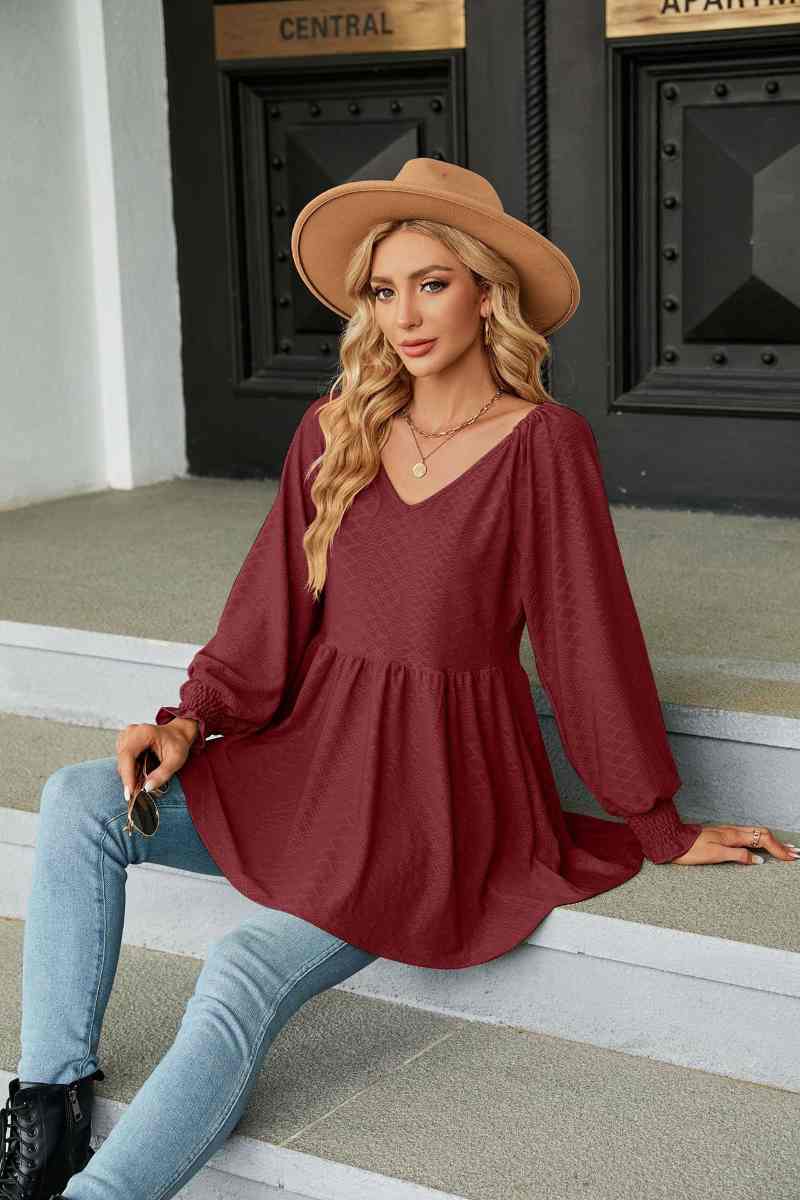CWTBLL2836_V-NECK LONG SLEEVE PATCHWORK DRESS TOP