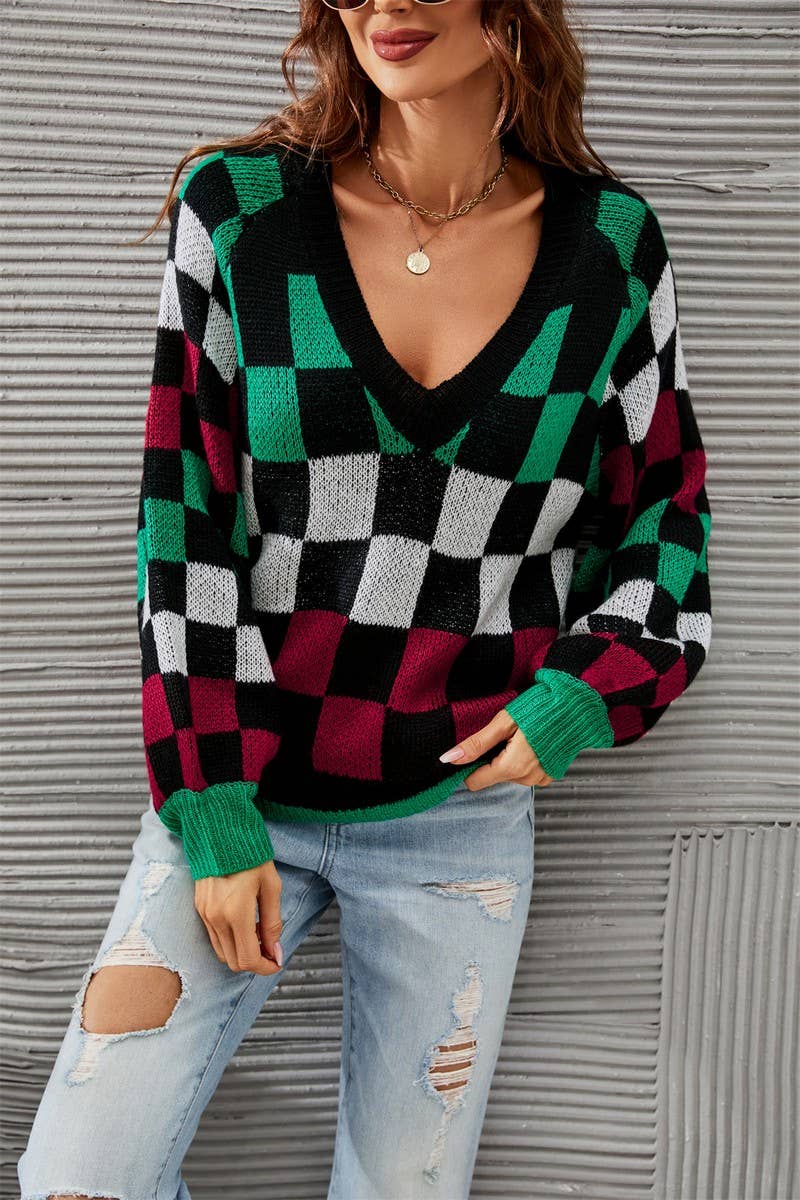 CWOSWL3174_V-NECK PLAID CONTRAST KNITTED PULLOVER SWEATER