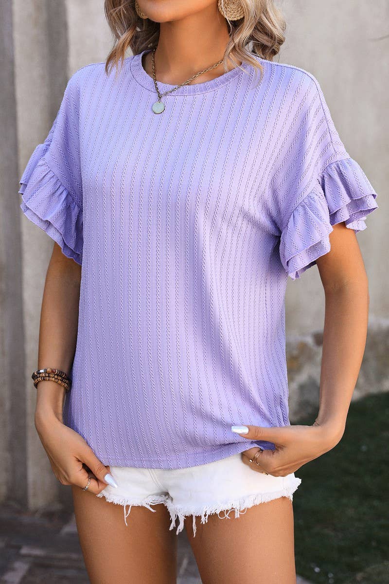 CWTBLS0906_ROUND NECK SHORT SLEEVE SHIRT WITH LOTUS SLEEVES