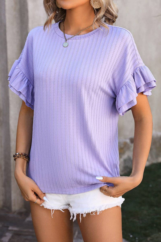 CWTBLS0906_ROUND NECK SHORT SLEEVE SHIRT WITH LOTUS SLEEVES