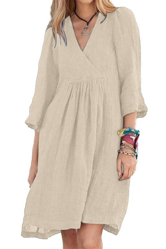 CWDSD10628_V-NECK CROSS-SLEEVE LOOSE CASUAL DRESS