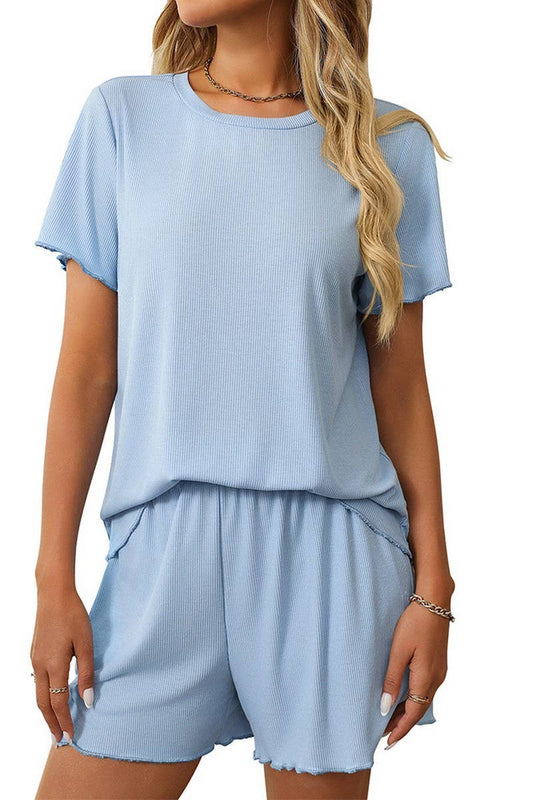 CWSPJ0229_SOLID COLOR STRIPED SHORT SLEEVE HOME WEAR SET