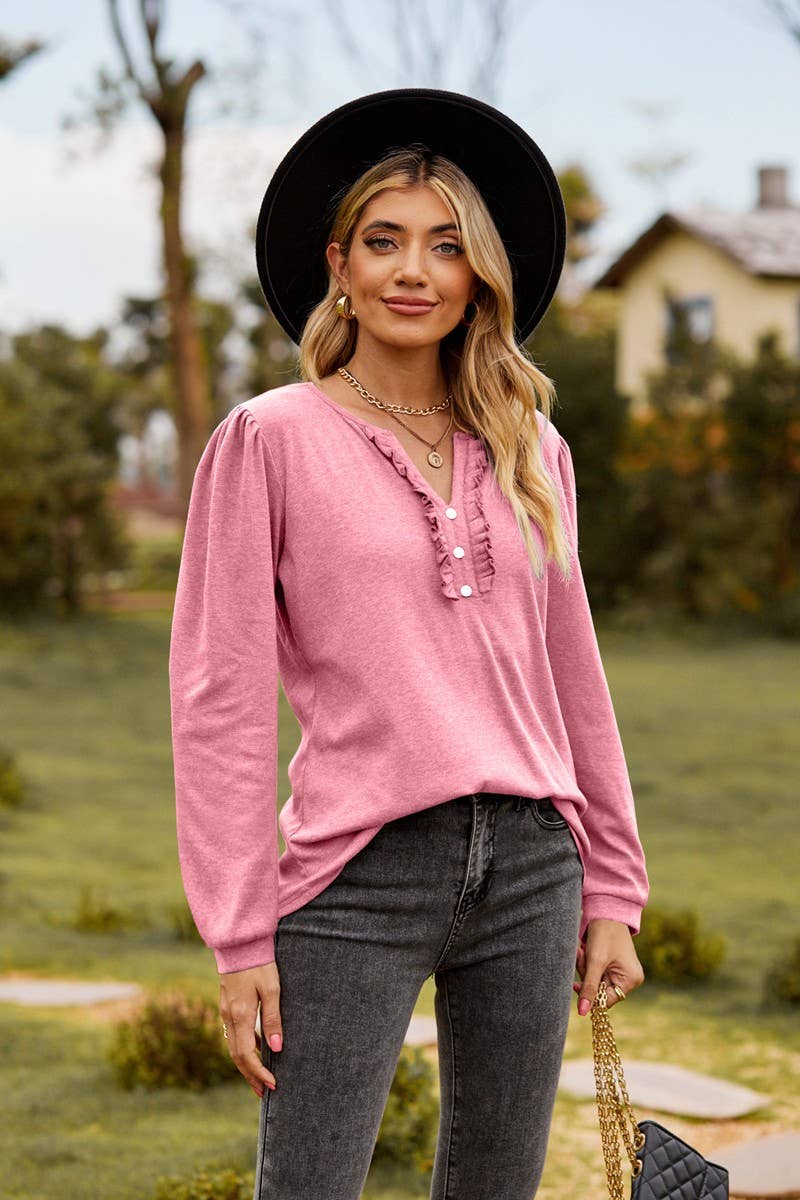CWTBLL3682_SOLID COLOR V-NECK BUTTON RUFFLED LONG-SLEEVED TO