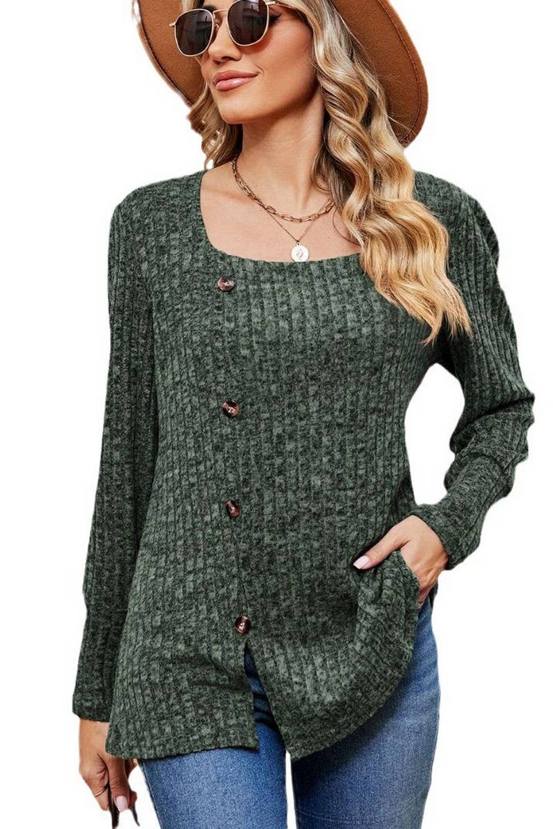 CWTBLL2372_SQUARE COLLAR BUTTON-DOWN LONG SLEEVE LOOSE TOP