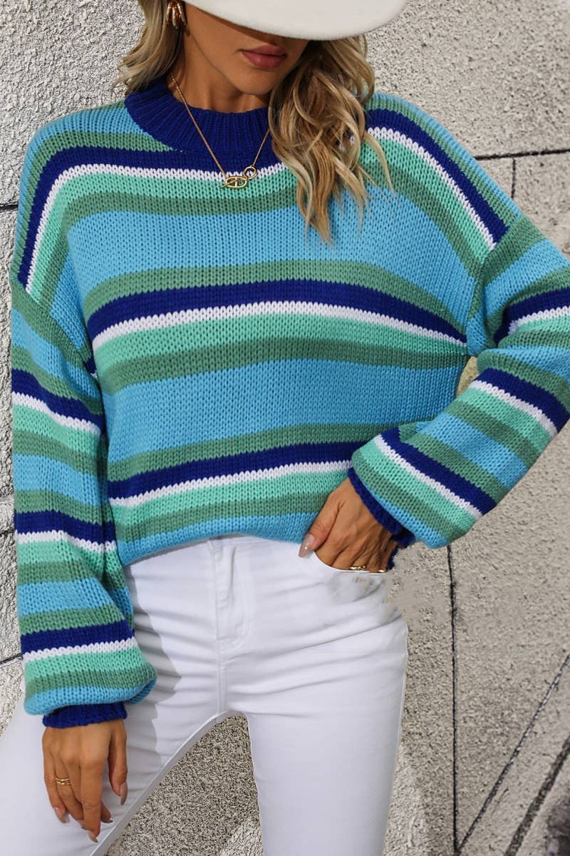 CWOSWL6487_FALL LONG-SLEEVED PATCHWORK STRIPED SWEATER