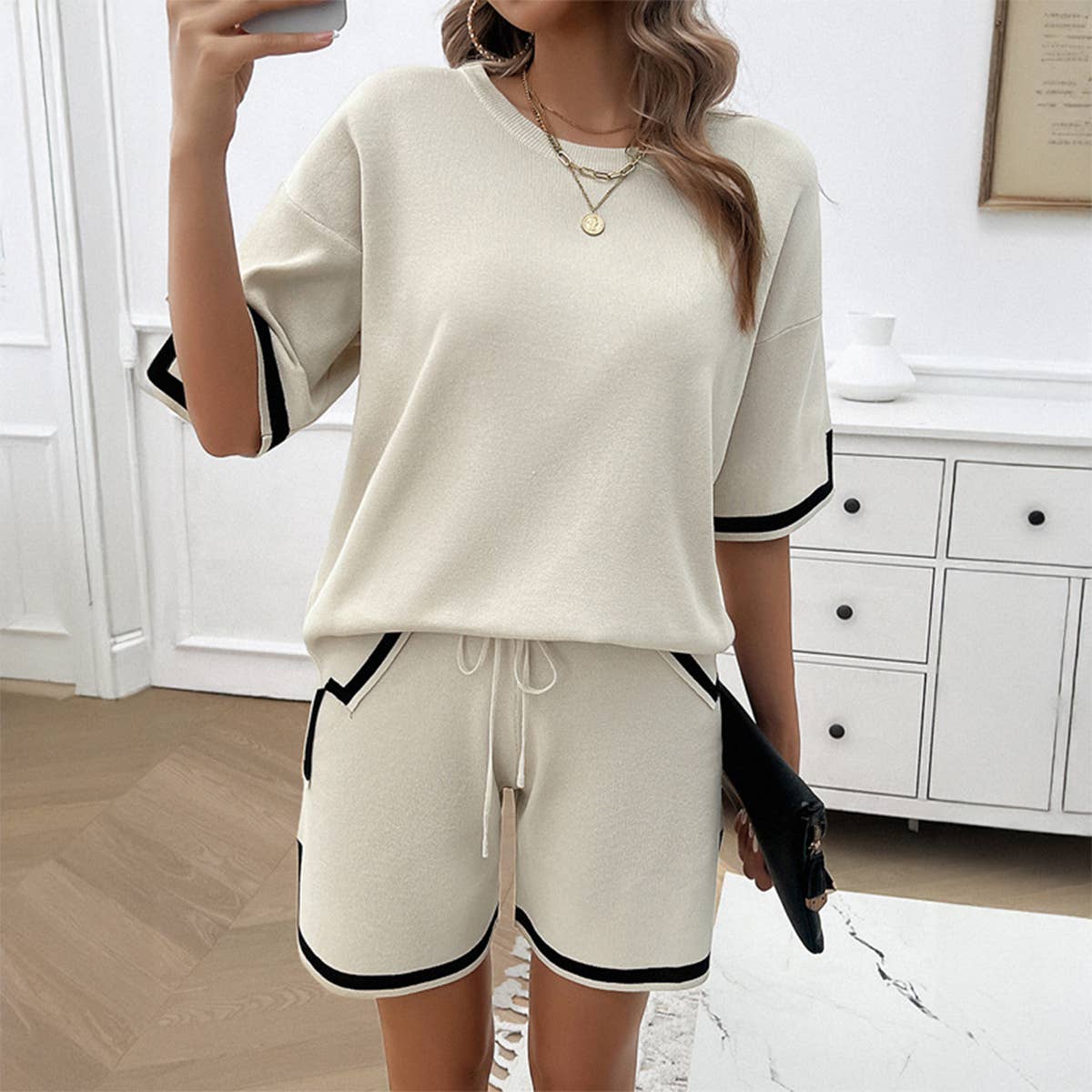CREW NECK STYLE CASUAL SHORT SWEATER SET
