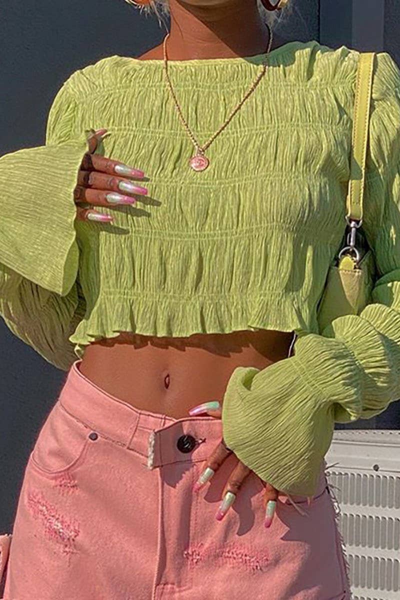 CWTBLL3445_SOLID COLOR RUFFLED CREW NECK LONG SLEEVE TOP