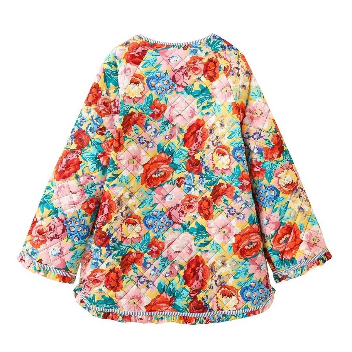 FLORAL PRINT CREW NECK PUFF SLEEVE QUILTED JACKETS