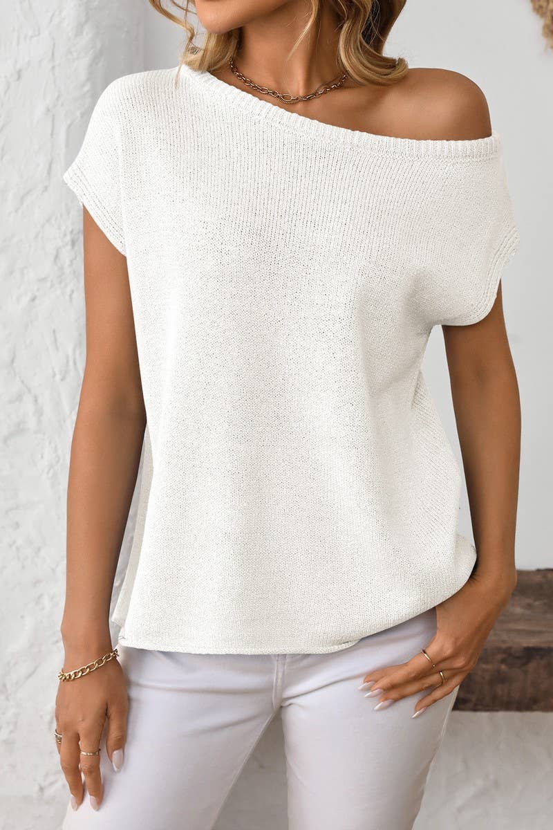 CWOSWS0129_SOLID COLOR KNITTED SHORT-SLEEVED PULLOVER TOP