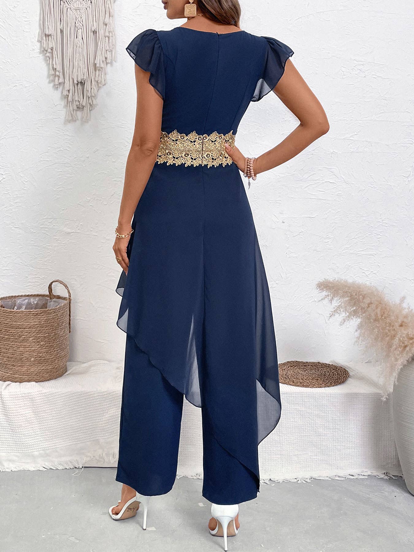 Casual,simple lace patchwork V-neck jumpsuit