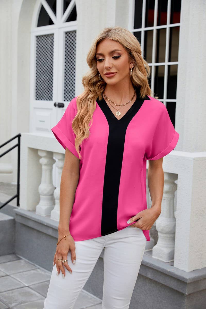 CWTBLS0440_V-Neck Short Sleeve Blouse