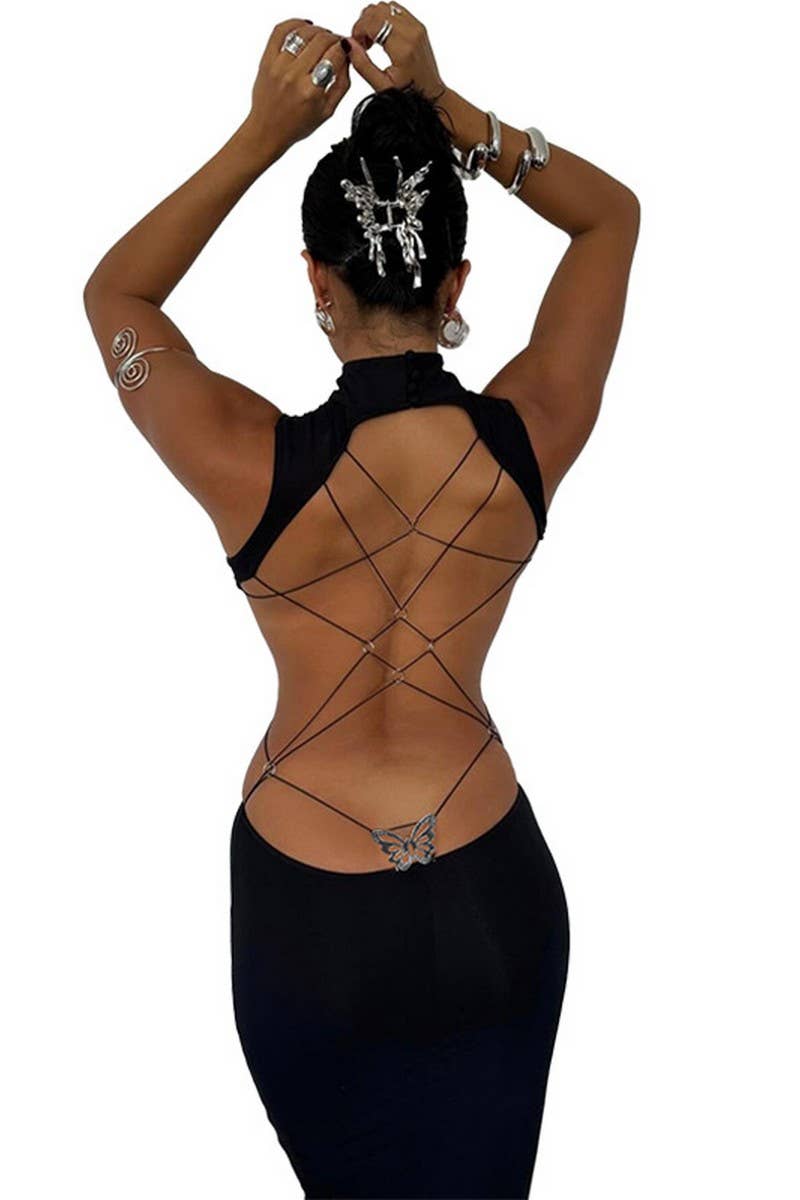 CWDMD4229_SOLID COLOR BACKLESS BOW SLIM FIT HOT GIRL DRESS