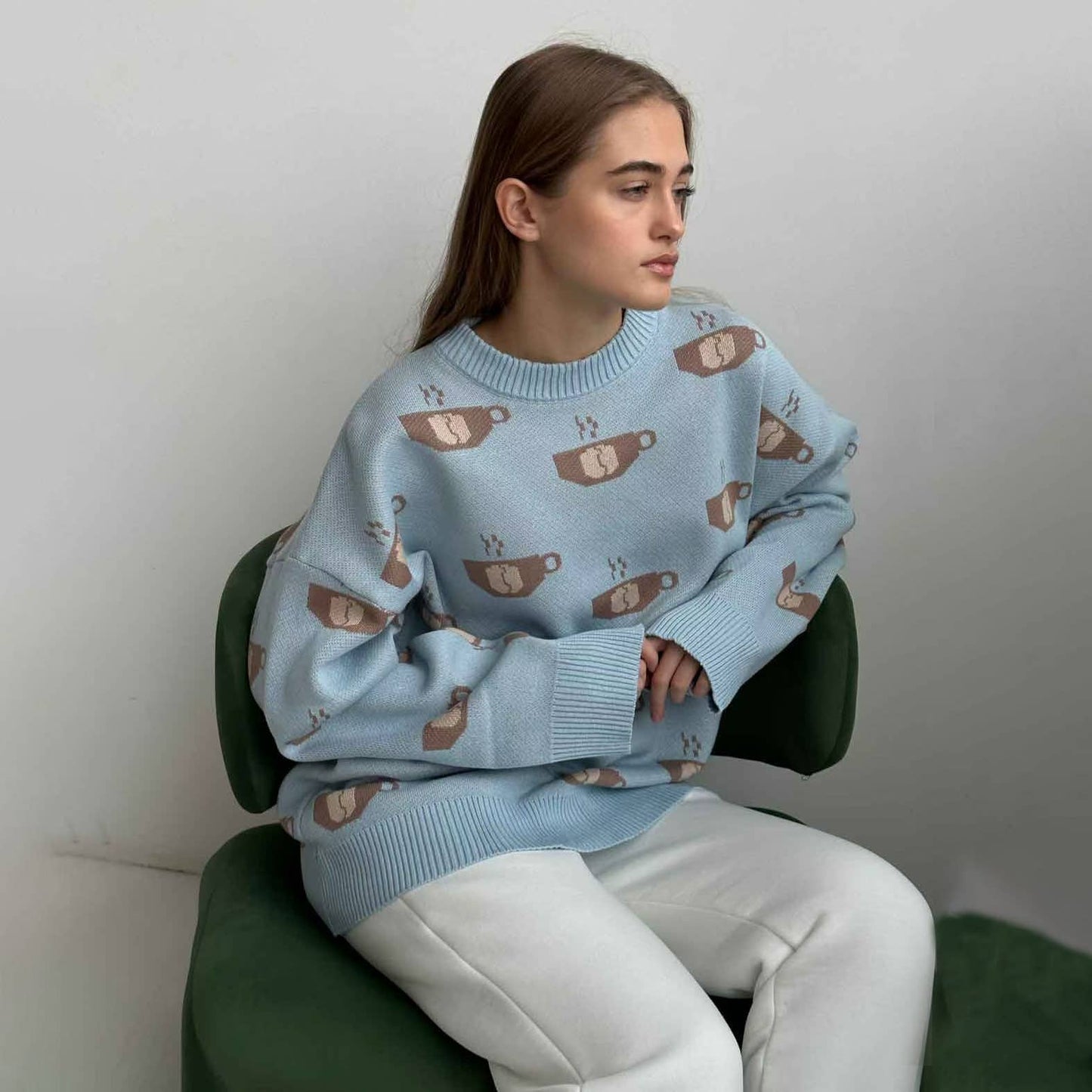 Coffee jacquard semi-turtleneck sweater