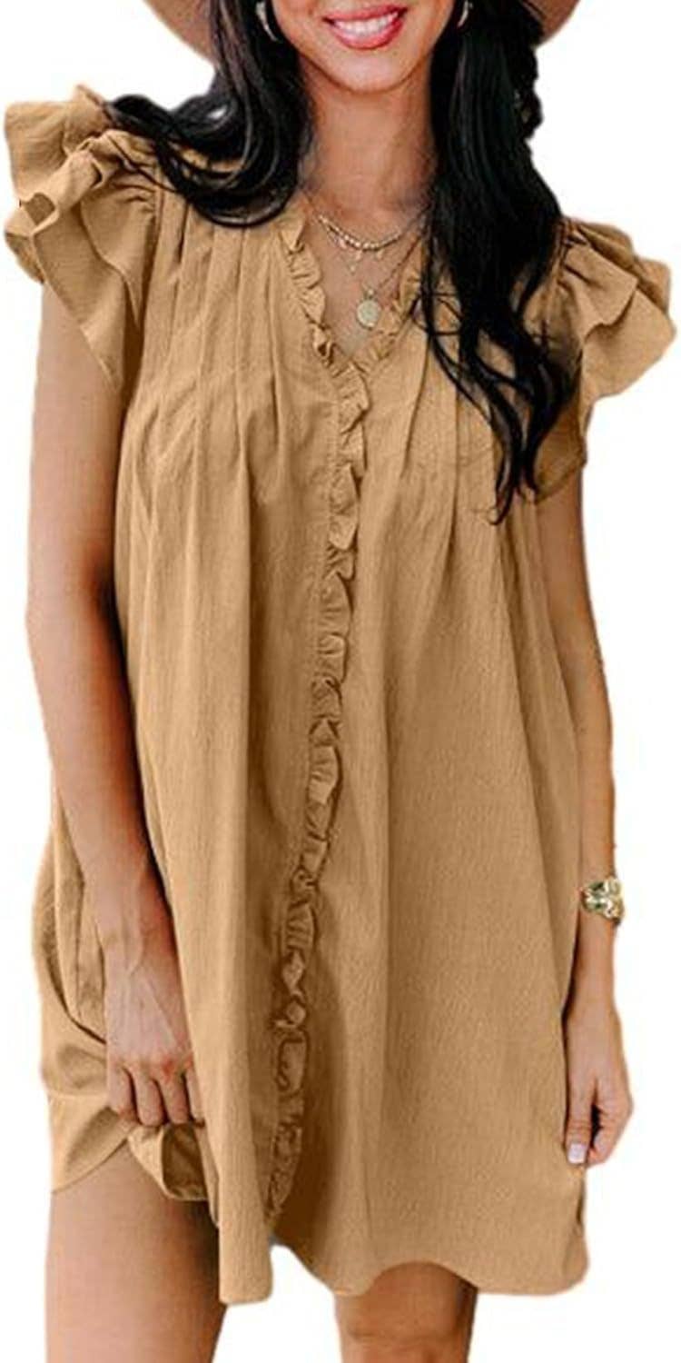 Fashionable V-neck ruffled short-sleeved dress