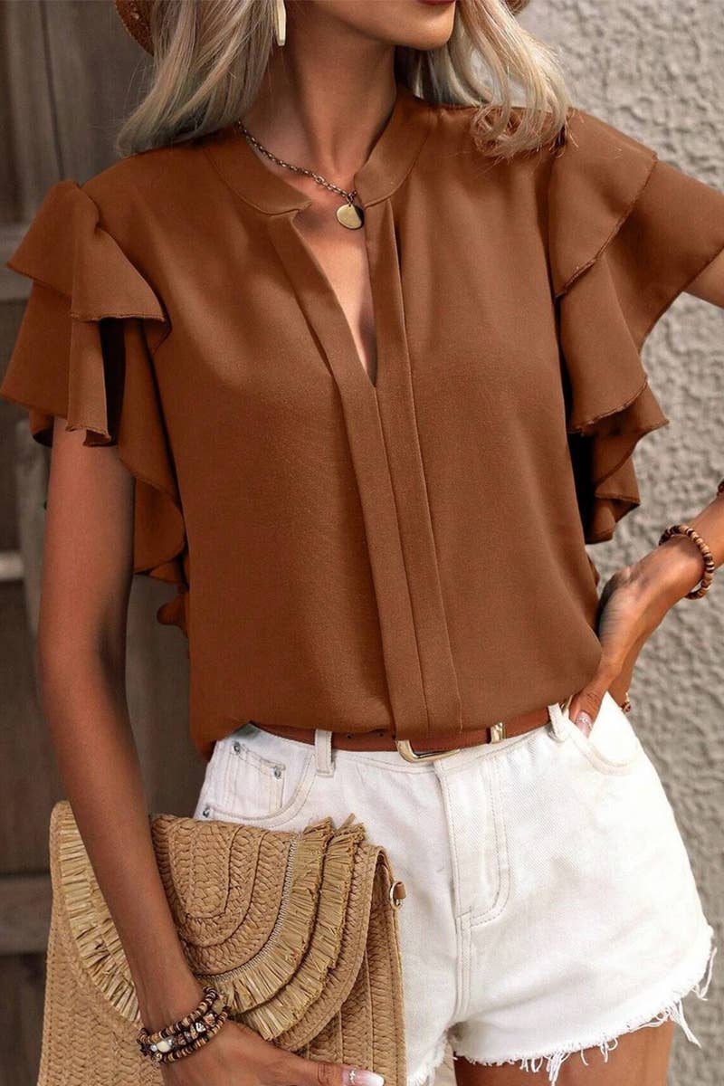 CWTSTS0666_SUMMER V-NECK CASUAL RUFFLE SLEEVE SHIRT