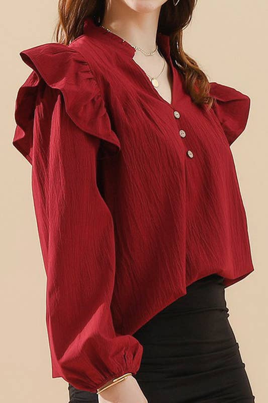 CWTBLL259_RUFFLED BUTTON SOLID COLOR V NECK  BLOUSE