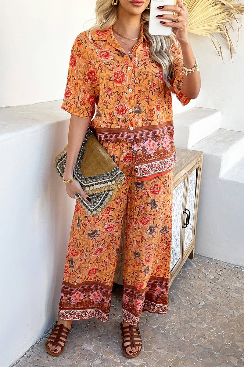 CWSS1190_CONTRAST COLOR PRINT SHORT SLEEVE LONG PANTS SUIT