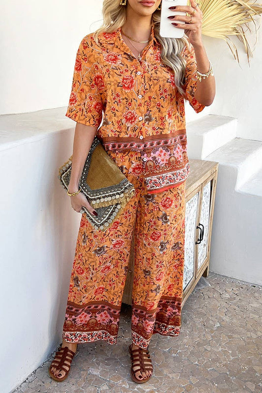 CWSS1190_CONTRAST COLOR PRINT SHORT SLEEVE LONG PANTS SUIT