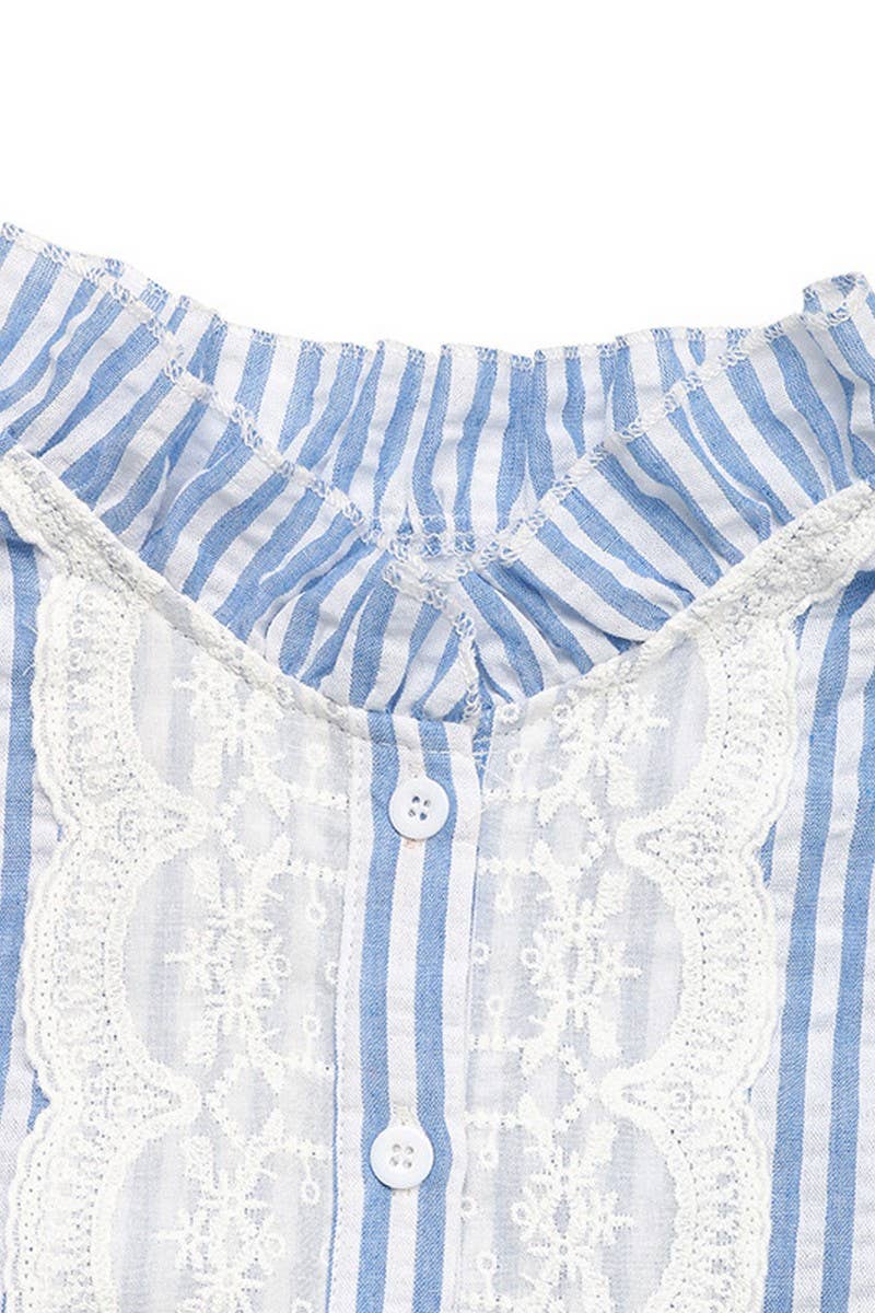 CWTBLS1991_STRIPED LACE TRIM RUFFLE SLEEVE CARDIGAN SHIRT